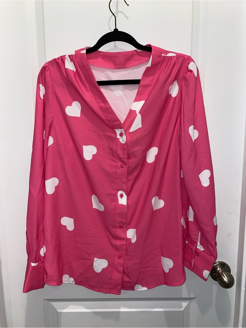 Women's Pink Heart Print V-Neck Blouse